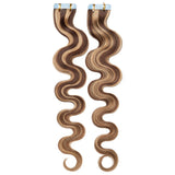 S-noilite 20" Body Wave Human Hair Tape in Extensions 100g 40pcs Invisible Seamless Weft Wavy Tape Extensions Real Hair Double Sided Rooted Remy Human Hair #4/27 Body Wave-Medium Brown/Dark Blonde