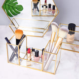 Feyarl Gold Clear Glass Makeup Box Cosmetic Storage Organizer Makeup Brushes Cotton Pads Nail Polish Vanity Holder Organizer Dresser Countertop