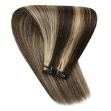 YoungSee 16inch Weft Human Hair Extensions Dark Brown Highlight with Caramel Blonde Human Hair Weft Extensions Sew in Highlight Human Hair Extensions Hand Tied Human Hair Extensions 100grams