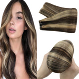 YoungSee 16inch Weft Human Hair Extensions Dark Brown Highlight with Caramel Blonde Human Hair Weft Extensions Sew in Highlight Human Hair Extensions Hand Tied Human Hair Extensions 100grams