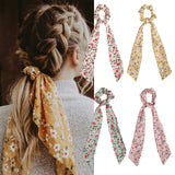 Chiffon Hair Scarf Ponytail Holder - 4PCS Hair Scrunchies for Hair Floral Hair Band Scarves Ponytail Holder for Women Girls (Blue+Pink+Beige+Yellow)