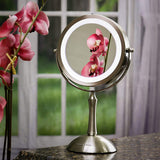 Ovente Table Top Makeup Mirror 7 Inch 1X, 8X Full View Magnification Cool White LED Lights, Distortion Free Design, Double-Sided, Battery Powered and 360 Degrees Rotation Nickel Brushed MDT70BR1X8X