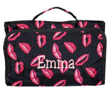 Hanging Toiletry Cosmetic Organizer Bag - Roll up for Storage Travel - Custom Embroidery Available (Lips Print - Embroidered Name)