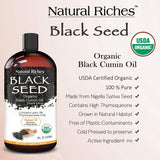 Organic Black Seed Oil USDA Pure Premium Quality Black Cumin Seed Oil Nigella Sativa. Glass Bottle - Undiluted, Cold Pressed, No Solvents, Vegan -8 fl oz. Natural Riches