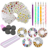 Nail Art Tools Decoration Manicure Kit Set 48 Sheet Water Nail Decals Stickers,5 Boxes Nail Beads Rhinestones Stone Gold Metal Studs,5 Nail File Sticks,5 Dotting Pen,Stamping Sponge Pusher