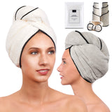 LUXERIS Microfiber Hair Towel for Women - Drying Twist Wrap for Curly, Long, Thin or Short Hair – Ultra Absorbent Anti Frizz Turban for Sleeping and Showering 2 Pack Plus Soft Headband(Ivory/Grey)
