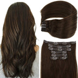 Vivien Clip in Human Hair Extensions Brown, 14 inch Remy Human Hair Extensions Dark Brown Soft Straight Clip in Hair Extensions Full Head Hair Extensions Clip in Human Hair 7pcs 120g