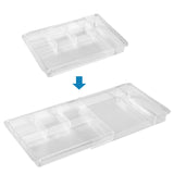 Oubonun Expandable Drawer Organizer 11.1” to 19.2” Wide Adjustable Makeup Organizer (4 Packs), Clear Plastic Storage Trays with 6 Compartments for Bathroom, Bedroom and Desk Drawers