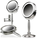 Ovente Makeup Mirror 7 Inch 1X, 3 in 1 Option of Handheld, Table Top , or Wall Mount, 8X Magnification and 3 Tones LED Light, Double-Sided, and 360 Degree Rotation Design, Nickel Brushed MFM70BR1X8X