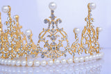 Faux Pearl Clear White Austrian Crystal Rhinestone Hair Tiara Crown Headband Birthday Princess Queen Cake Topper Bridal Pageant Jewelry Wedding T12105 Gold Plated