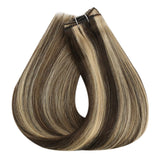 YoungSee 16inch Weft Human Hair Extensions Dark Brown Highlight with Caramel Blonde Human Hair Weft Extensions Sew in Highlight Human Hair Extensions Hand Tied Human Hair Extensions 100grams