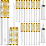 12 Pieces Crystal Rhinestone Lip Gloss Wand Tubes Set, Includes 10 Pieces 5 ml Empty Lip Gloss Lip Balm Bottles with Rubber Stoppers and 2 Pieces 20 ml Large Plastic Syringe for Cosmetic (Gold)