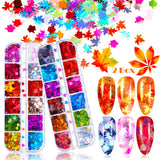 12 Sheets Thanksgivings Nail Decals, 24 Boxes Colored Maple Leaf Holographic Nail Sequins 3D Maple Leaf Nail Art Glitter Sequins Maple Leaves Nail Flakes with Tweezers for Women Nail Art Decoration