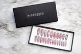 Impressed Luxury Press on Nails 24 pcs Long Fake Coffin Nail Tips Pink Marble Rhinestone Design False Nails with Adhesive Nail Glue Tabs (Pink Marble)