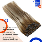 VeSunny Blonde Ombre Brown Clip in Hair Extensions Real Human Hair Double Weft Hair Extensions Silky Straight Natural Remy Hair Soft 14 Inch 7PCS 120 Grams