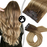 Moresoo Seamless Clip in Hair Extensions 14inch Balayage Real Hair Extensions Clip in Human Hair #3/8/22 Brown with Medium Blonde Clip in Extensions Silky Straight 7pcs 100g