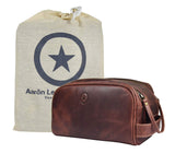 10" Premium Leather Toiletry Travel Pouch With Waterproof Lining | King-Size Handcrafted Vintage Dopp Kit By Aaron Leather Goods (Walnut - Dual Zipper)