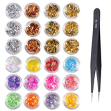 Gold Foil for Nail Art - 24 Boxes Gold Silver Foil Chip Paillette Flake Shell Foil Slice Paillette Stickers Glitter Accessories for Nail Art Design Manicure Decorations Supplies, with Tweezer