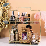 Z PLINRISE Makeup Organizer, 2 Tier Bathroom Cosmetic Storage Shelf for Dresser and Countertop, Decorative Wire Vanity Organizer Basket with Marbling Glass Tray, Gold