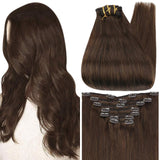 Full Shine Human Hair Clip In Extensions 18 Inch 7 Pcs Full Head Clip on Hair Extensions Human Hair Color 4 Medium Brown Clip In Hair 100 Gram Real Hair Extensions Clip Ins