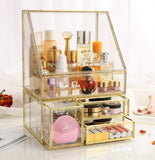 MOOCHI Golden Vintage Glass Cosmetic Makeup Organizer 3 Drawers Set Dust Waterproof Cosmetics Storage Display Case Countertop for Brushes Lipsticks Jewelry