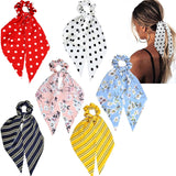 Scarf Hair Scrunchies 6pcs Chiffon Ponytail Scarf Hair Ties Scrunchie Holder Vintage Girls Women Hair Scarves Patterned Knotted Cute Bow Floral Hair Ribbon Scarfs Long Tails Red Black Pink Yellow Blue