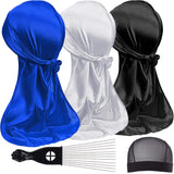 3PCS Silky Durags and 1 Wave Cap Pakcs for Men Waves, Satin Doo Rags for 360 540 720 Waves, Award 1 Afro Hair Pick, Ideal Gifts for Christmas and New Year (Style-F)