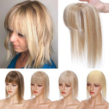 S-noilite Mono Base Topper Hair Piece Clip in Balayage Human Hair with Bangs for Women Top Crown Hair Extensions Clip in Toupee for Slight Hair Loss/Thinning Hair 14"(#18/613 Ash Blonde/Bleach Blonde)