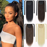 DILUSILK Ponytail Extension Straight Human Hair Ribbon Tie Up Ponytail for Women Long 14" 80g #2 Mocha Brown