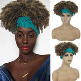 Headband Wigs with Bangs Short Afro Kinky Curly Wigs for Black Women Head Wrap Wigs 2 in 1 Synthetic Brown Blonde Wig for Women Afro Scarf Wigs Short Curly Hair Bun Ponytail With Curly Bangs AK007