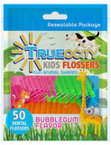 Trueocity Kids Dental Flossers 4 Pack (200 Total), Cute Animal Shapes Makes Flossing Fun, Dental Floss Glides Easy Between Teeth, Flosser Helps Prevent Tooth Decay & Gum Disease, Bubble Gum Flavored