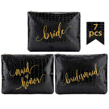 Crisky Black Crocodile Bridesmaid Makeup Bags for Bridal Shower, Bachelorette, Wedding Shower Cosmetic Bags for Bridesmaid Gift Makeup Pouch, Set of 7 (1 Bride & 1 MOH & 5 Bridesmaid) 8 x 10 Inch, PU