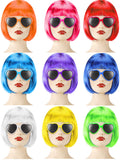18 Pieces Party Short Bob Wigs and Sunglasses Sets, Neon Bob Wig Sunglasses Pack Colorful Party Cosplay Wig Daily Party Hairpieces for Neon Party Favors Halloween and Decorations