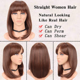 Gowit Bob Hair Wigs 14" Straight Hair Shoulder Length Women Wigs with Bangs Light Brown Synthetic Bob Hair Wigs with Adjustable Straps for Cosplay Party（L.Brown)