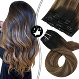 Moresoo 14 Inch Real Hair Extensions Clip in Human Hair Balayage Color Off Black #1B Fading to Brown #4 Mixed with Brown Remy Brazilian Hair Natural Hair Clip in Extensions 5pcs 70g