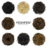 FESHFEN 100% Human Hair Bun Extension, Messy Bun Hair Piece Curly Hair Scrunchies Chignon Ponytail Extensions for Women Girls Updo Donut Hairpiece, Medium Chestnut Brown