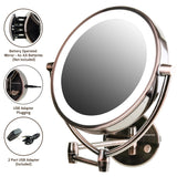 Ovente Wall Mount Makeup Beauty 9.5 Inch 1X Vanity Mirror LED Lights, 10X Magnification, Double Sided 360 Rotation, Option of AA Batteries or USB Adapter Powered, Antique Brass MLW45AB1X10X