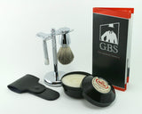 GBS Men's Wet Shaving Holiday Kit - Classy Butterfly Non Slip Knurled DE Safety Razor w/Case 100 ML Omega Shaving Cream Pure Badger Shave Brush, Razor & Brush Stand + DE Blades - Gift Set