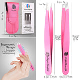 JagerOneUk Stainless Steel 2-piece Tweezers Set with Leather Pouch | Unisex Professional Eyebrow Tweezers | Best for Plucking Precision Chin Facial Hairs with Anti Slip Grip - Pink