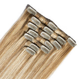 100% Human Hair Clip in Hair Extensions Highlight #12/613 Golden Brown Mix Bleach Blonde 18 Inch Long Straight 7pcs 15 Clips Balayage Clip on Thin Hairpiece 70g Machine Weft Silky Hair for Women
