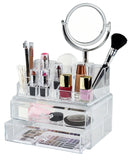 Elle Makeup Organizer with Mirror – Holder for Cosmetics & Jewelry with 15 Compartments Plus 2 Drawers in Clear Plastic