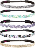 Hipsy Women's Adjustable NO SLIP Pastel Flowers Skinny Headband Gift Packs (Skinny Black/Mint/Glitter 5pk)