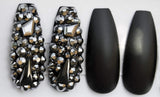 Impressed Luxury Press on Nails 24 pcs Long Fake Coffin Nail Tips Matte Black Rhinestone Design False Nails with Adhesive Nail Glue Tabs (Matte black)