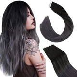 Ugeat Tape in Hair Extensions Human Hair, Tape in Hair Extensions 24inch Tape in Balayage Hair Extensions 50g 20pcs Remy Human Hair Extensions Tape in Natural Straight Hair #1B to Silver Tape Ins