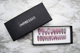 Impressed Luxury Press on Nails 24 pcs Long Fake Coffin Nail Tips Pink Marble Rhinestone Design False Nails with Adhesive Nail Glue Tabs (Pink Marble)