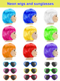 18 Pieces Party Short Bob Wigs and Sunglasses Sets, Neon Bob Wig Sunglasses Pack Colorful Party Cosplay Wig Daily Party Hairpieces for Neon Party Favors Halloween and Decorations