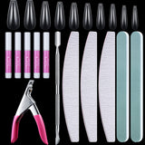 612 Pieces Coffin Nail Tips kit, Include 600 Pieces Full Cover Clear False Nails French Coffin Ballerina Nail Tips, Nail Glue, Nail Buffer File, Emery Board Nail File, Nail Clipper and Cuticle Pusher