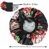 Double Layer Satin Large Bonnet Sleep cap Sliky bonnet Wide Elastic Band for Curly,Natural,Long Hair (Large size, Large black flower)