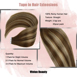Vivien Tape in Hair Extensions Human Hair, 20inch 50g 20pcs Ombre Chocolate Brown to Caramel Blonde Tape Hair Extensions Long Seamless Tape in Real Human Hair Extensions Dark Brown