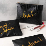 Crisky Black Crocodile Bridesmaid Makeup Bags for Bridal Shower, Bachelorette, Wedding Shower Cosmetic Bags for Bridesmaid Gift Makeup Pouch, Set of 7 (1 Bride & 1 MOH & 5 Bridesmaid) 8 x 10 Inch, PU